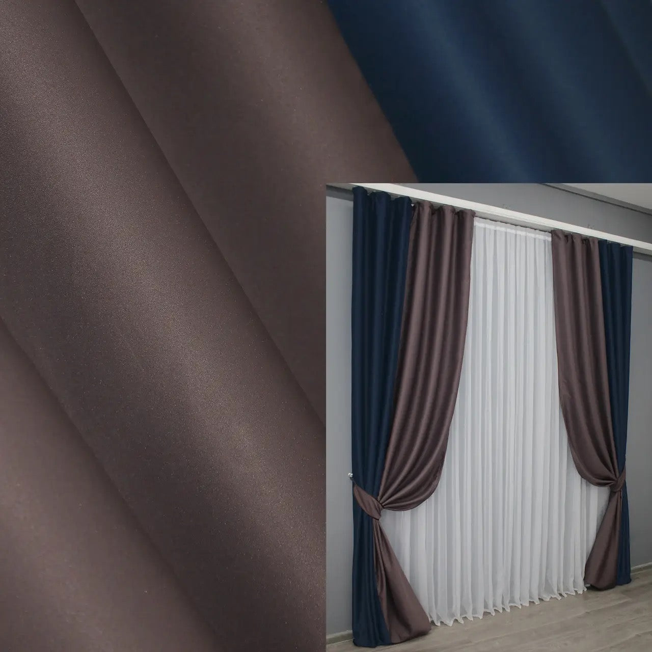 Dark Blue (Navy, Midnight, Ink) and Brown (Chocolate, Coffee, Walnut) combined blackout curtains with a luxurious two-tone design, perfect for modern home interiors.
