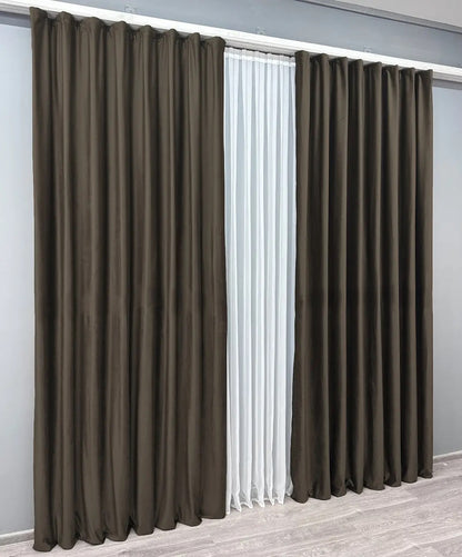 Dark chocolate velvet curtain panels with thick, high-density fabric, offering modern luxury and a warm, elegant atmosphere in any room.
