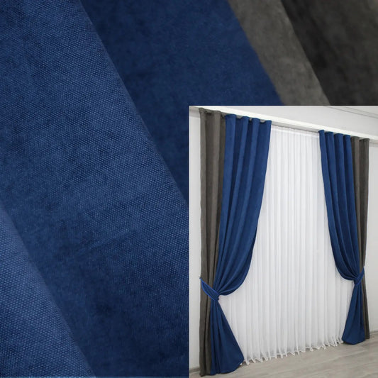 Dark cocoa and blue combined microvelvet curtains with a luxurious two-tone design, perfect for modern home interiors.
