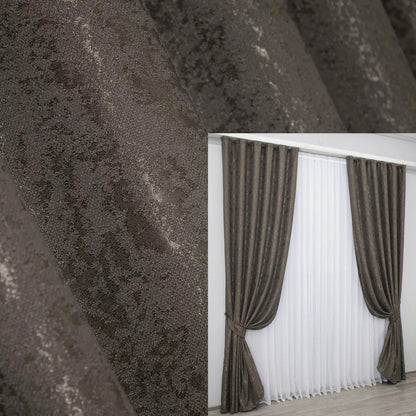 Elegant dark cocoa linen curtains with a subtle marble pattern, adding warmth and sophistication to any interior.