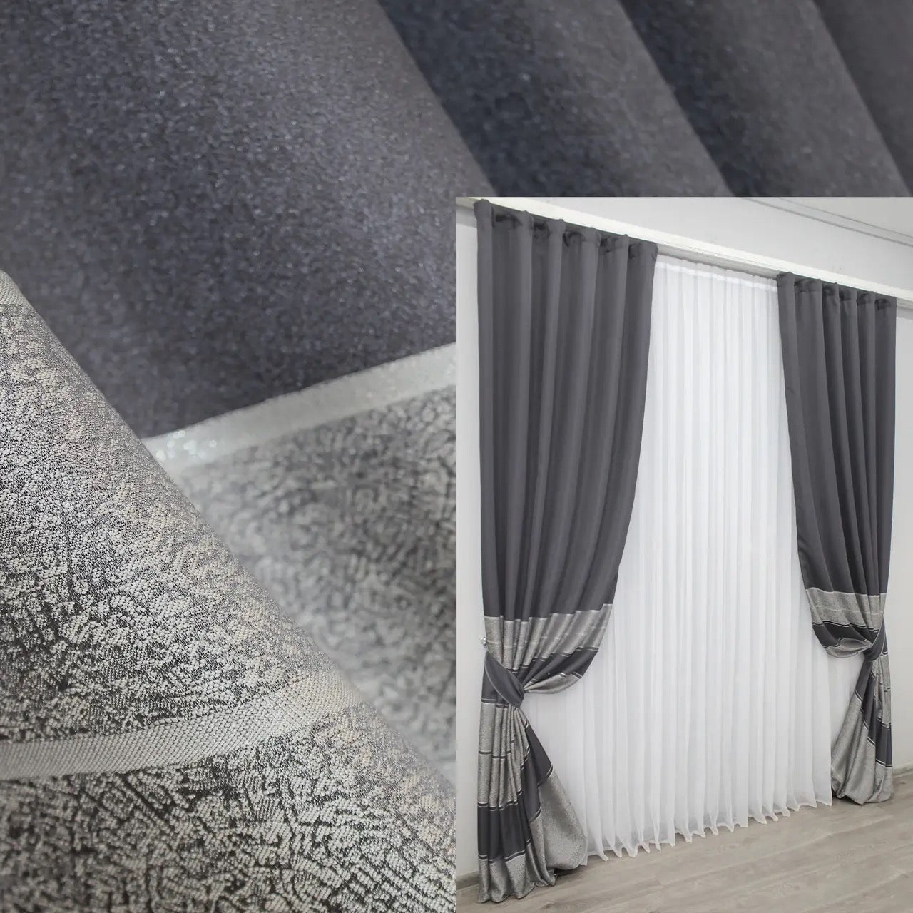 Dark grey linen curtains with silver accents, bringing a touch of modern elegance to any home.
