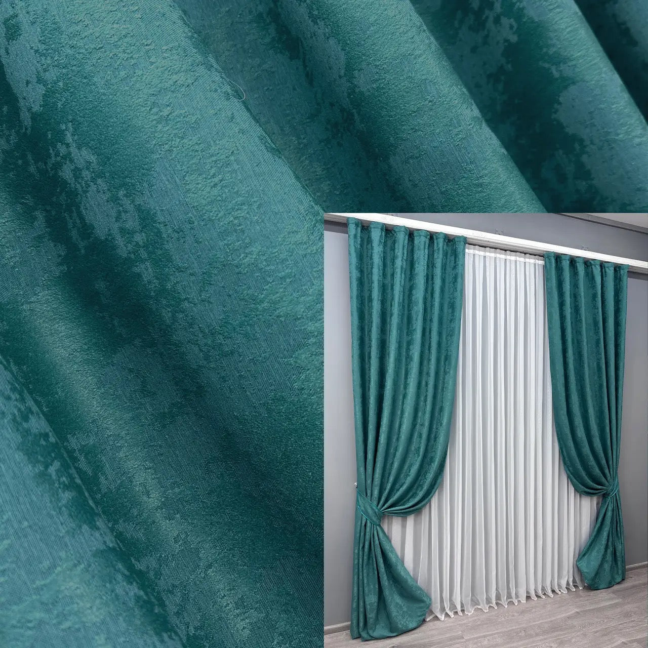 Elegant dark turquoise jacquard curtains with rich teal undertones, perfect for creating a sophisticated and modern home décor.
