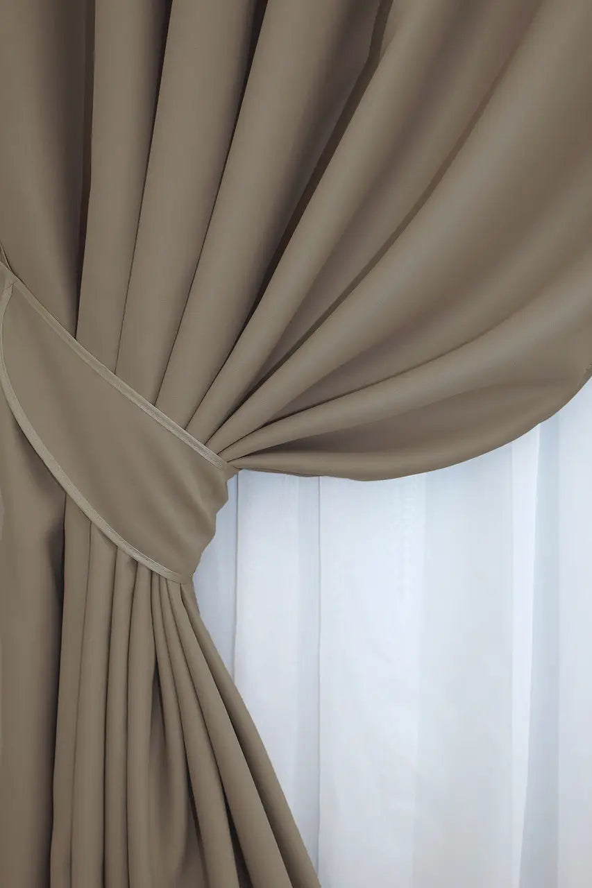 Dark chocolate Fusion Dimout blackout curtains offering superior privacy and insulation.
