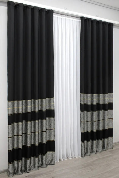 Stylish deep black-grey linen curtains with a subtle gold stripe, offering elegance and functionality.
