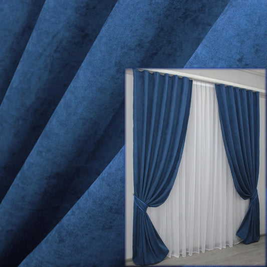 Elegant deep blue curtains with a soft drape, perfect for modern and classic interiors.
