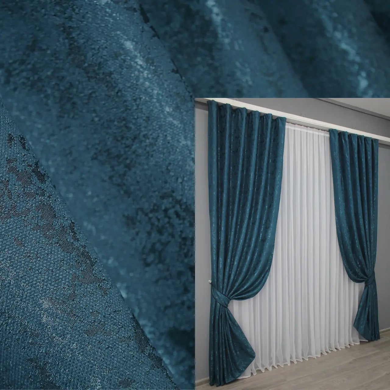 Elegant deep blue linen curtains with a refined marble texture, adding depth and sophistication to any interior.
