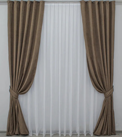 Luxury deep brown microvelvet curtains crafted for stylish and sophisticated homes.
