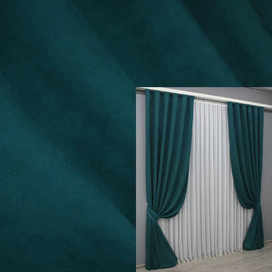 Elegant deep emerald green microvelvet curtains with a soft drape, perfect for modern and classic interiors.
