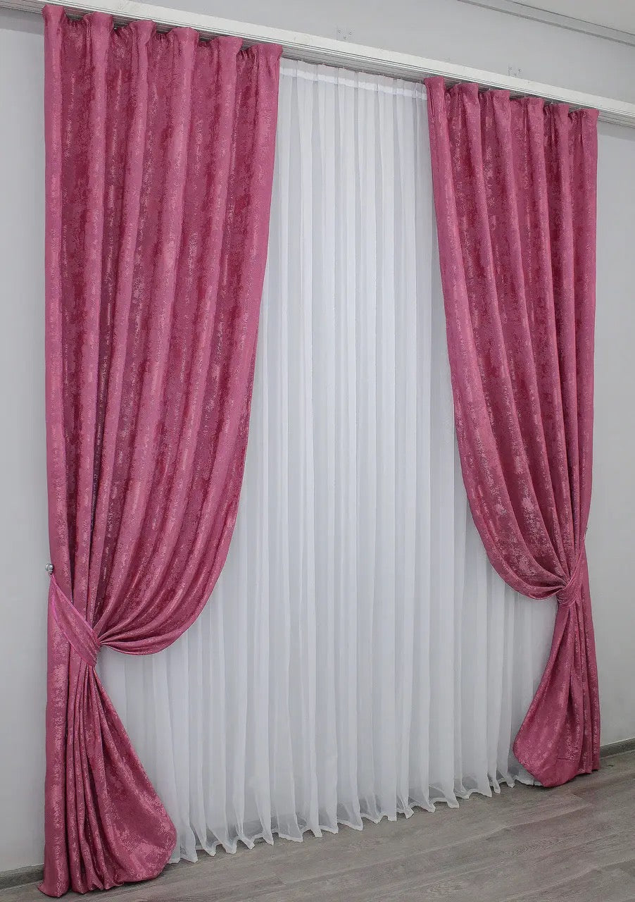 Stylish raspberry jacquard curtains designed with 70% light-blocking fabric for privacy while allowing soft natural light.
