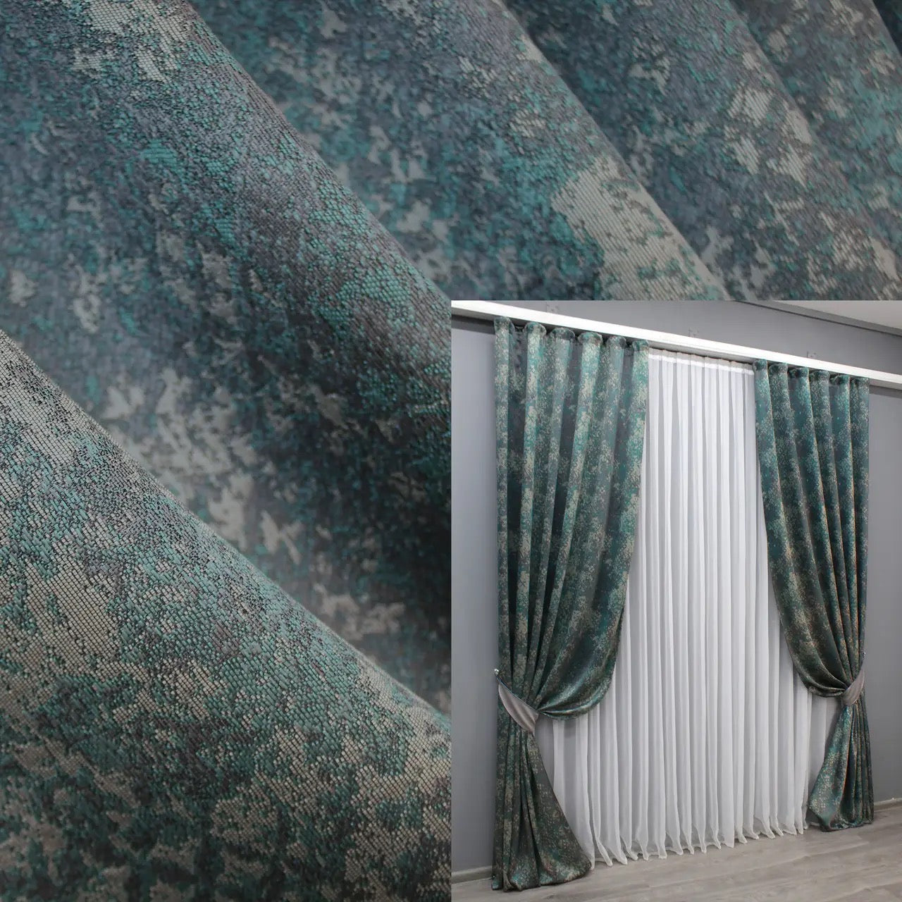 Elegant deep teal and charcoal grey linen curtains featuring a subtle marble pattern, ideal for modern and industrial interiors.