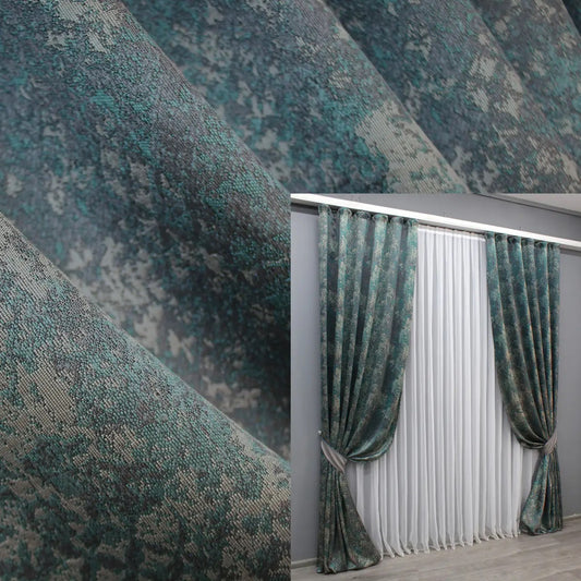 Elegant deep teal and charcoal grey linen curtains featuring a subtle marble pattern, ideal for modern and industrial interiors.