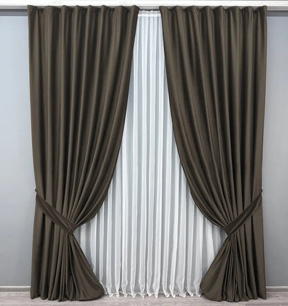 Deep wenge brown velvet curtains, made from high-quality thick plush fabric, providing elegant room darkening and sophisticated home décor.
