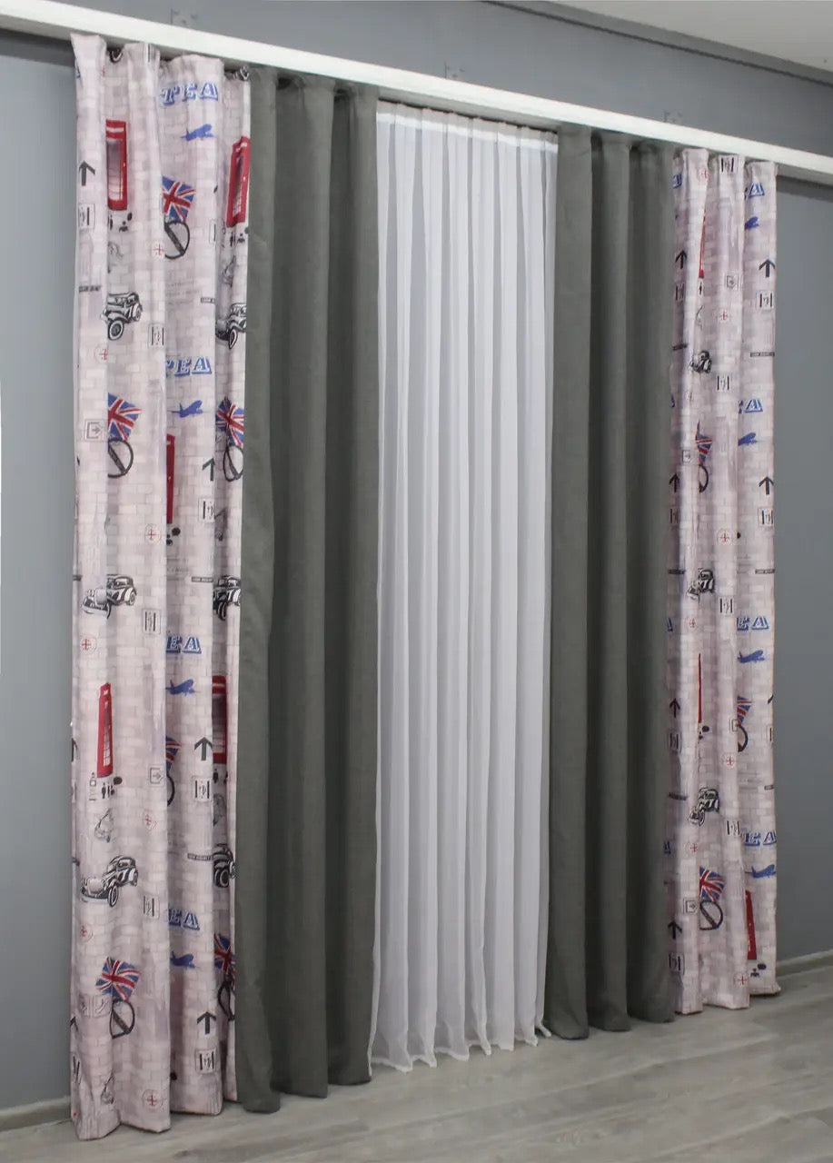 Vibrant multicolor and soft pink with dark grey combined satin-linen curtains offering a balance of artistic flair and timeless elegance.
