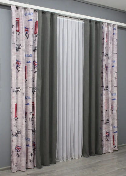 Vibrant multicolor and soft pink with dark grey combined satin-linen curtains offering a balance of artistic flair and timeless elegance.
