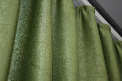 Earthy green linen-soft curtains with soft-touch fabric, reducing glare while complementing modern and vintage home designs.
