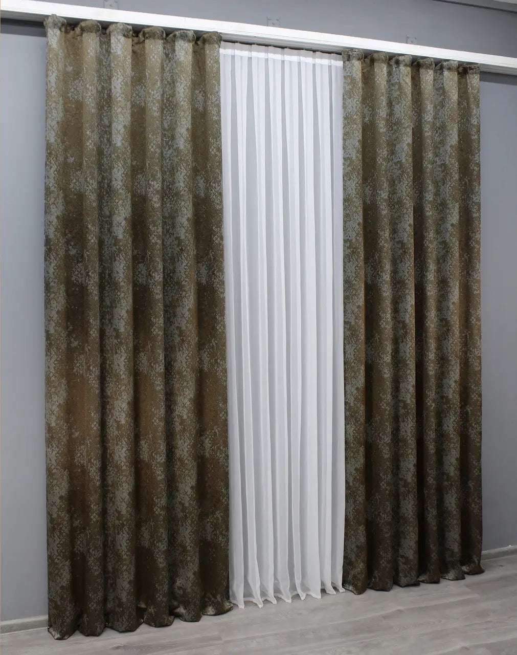 Light-filtering brown-grey linen curtains with a marble design, offering warmth and depth to any room.
