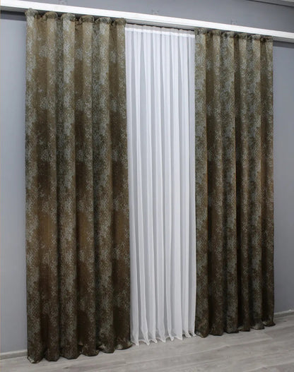 Light-filtering brown-grey linen curtains with a marble design, offering warmth and depth to any room.
