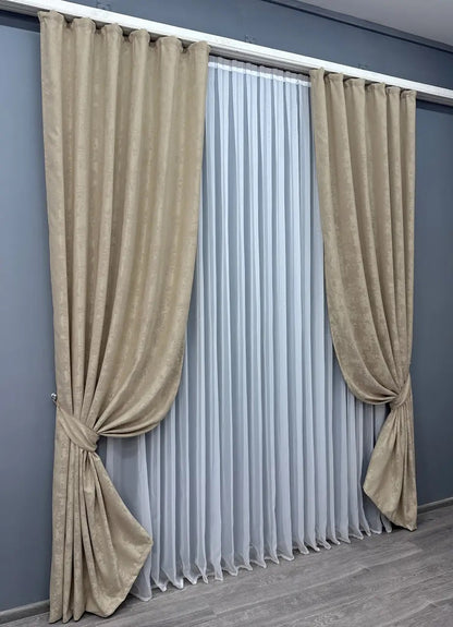 Stylish beige jacquard curtains, perfect for living rooms and bedrooms – features premium light-filtering fabric with tie-backs.