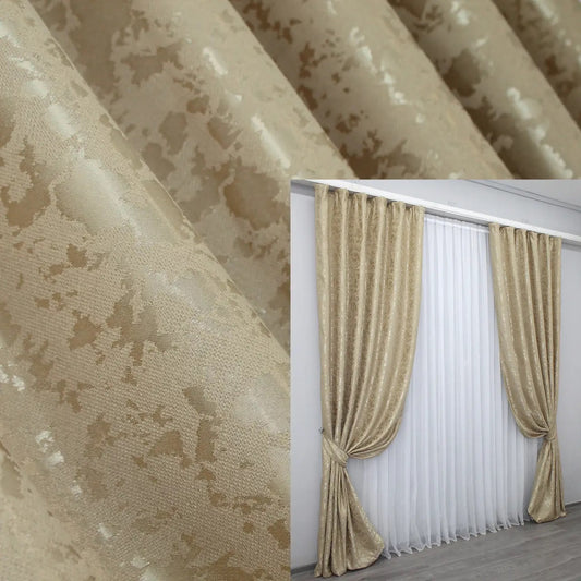 Elegant beige linen curtains with a subtle marble pattern, adding warmth and sophistication to any interior.
