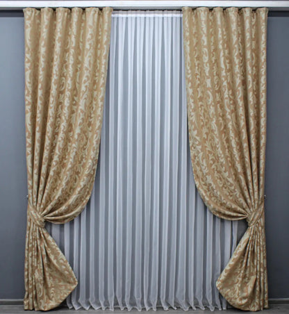 Beige linen drapes with a delicate woven Venzel design, perfect for modern and classic interiors.
