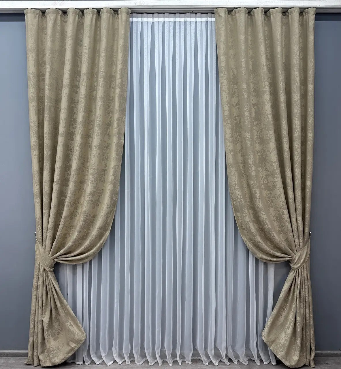 Luxury beige mocha jacquard curtains featuring a sophisticated woven texture, ideal for contemporary and classic interiors.
