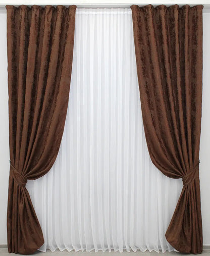 Luxury brown-burgundy jacquard curtains featuring a blend of deep brown and burgundy tones, enhancing living rooms and bedrooms.
