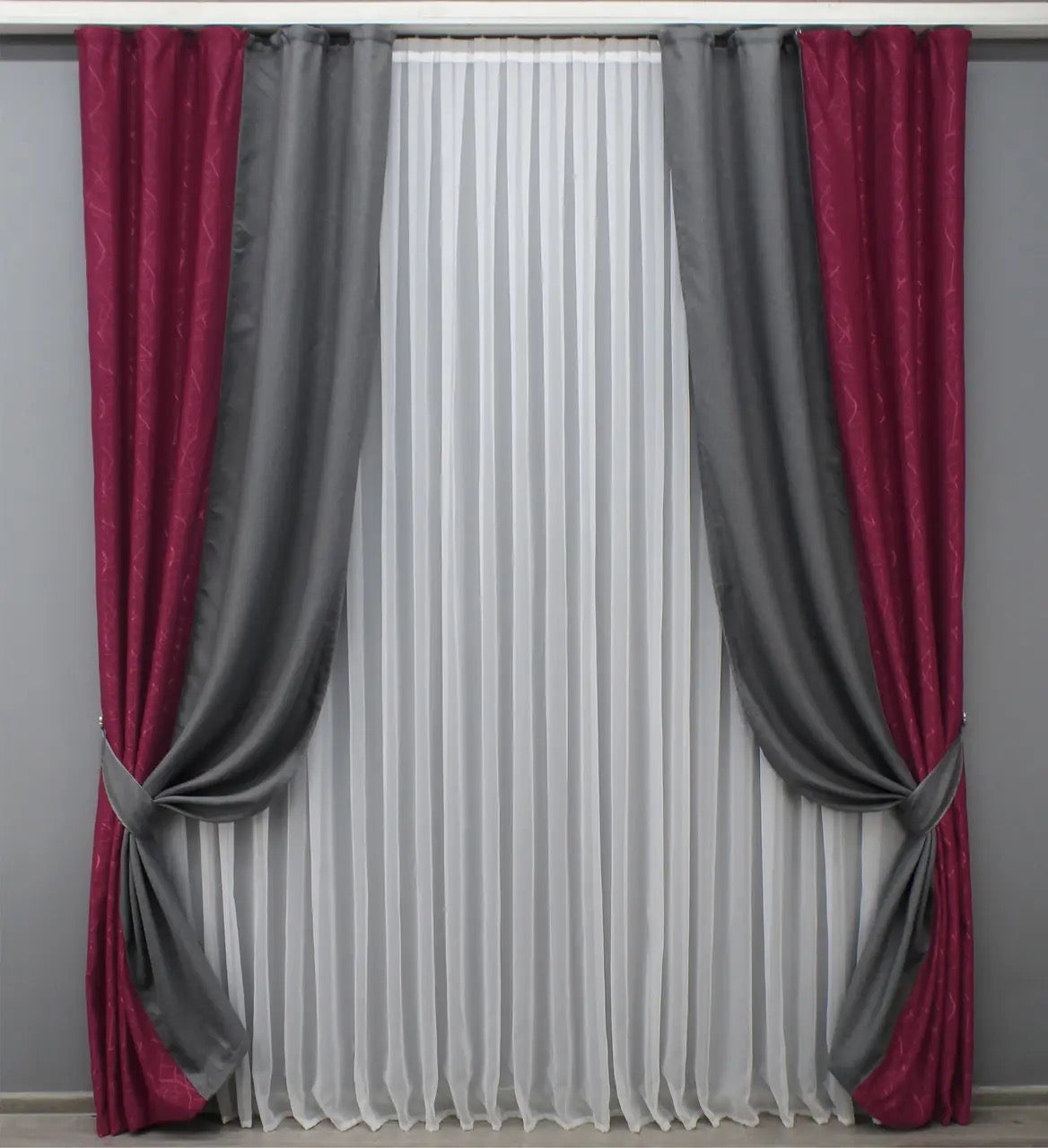 Elegant burgundy and grey combined curtains crafted from high-quality linen burlap, ideal for enhancing any living room or office space with a sophisticated touch.
