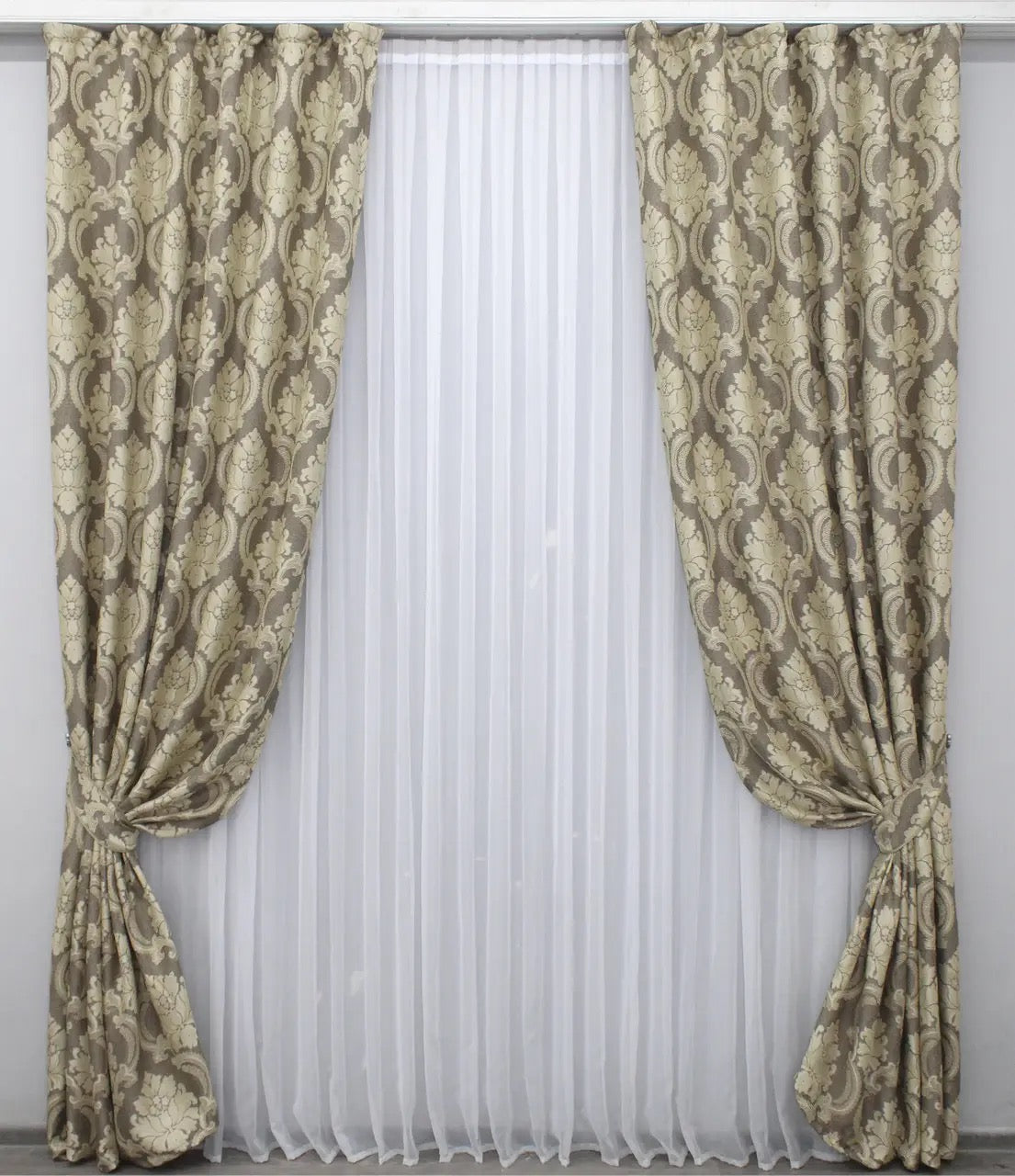 Cappuccino linen curtains from the ‘Royal Ornament’ Collection, featuring a refined beige woven texture.
