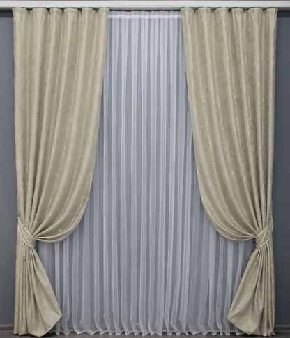 Premium champagne gold linen drapes with a delicate marble pattern, perfect for luxurious and refined interiors.
