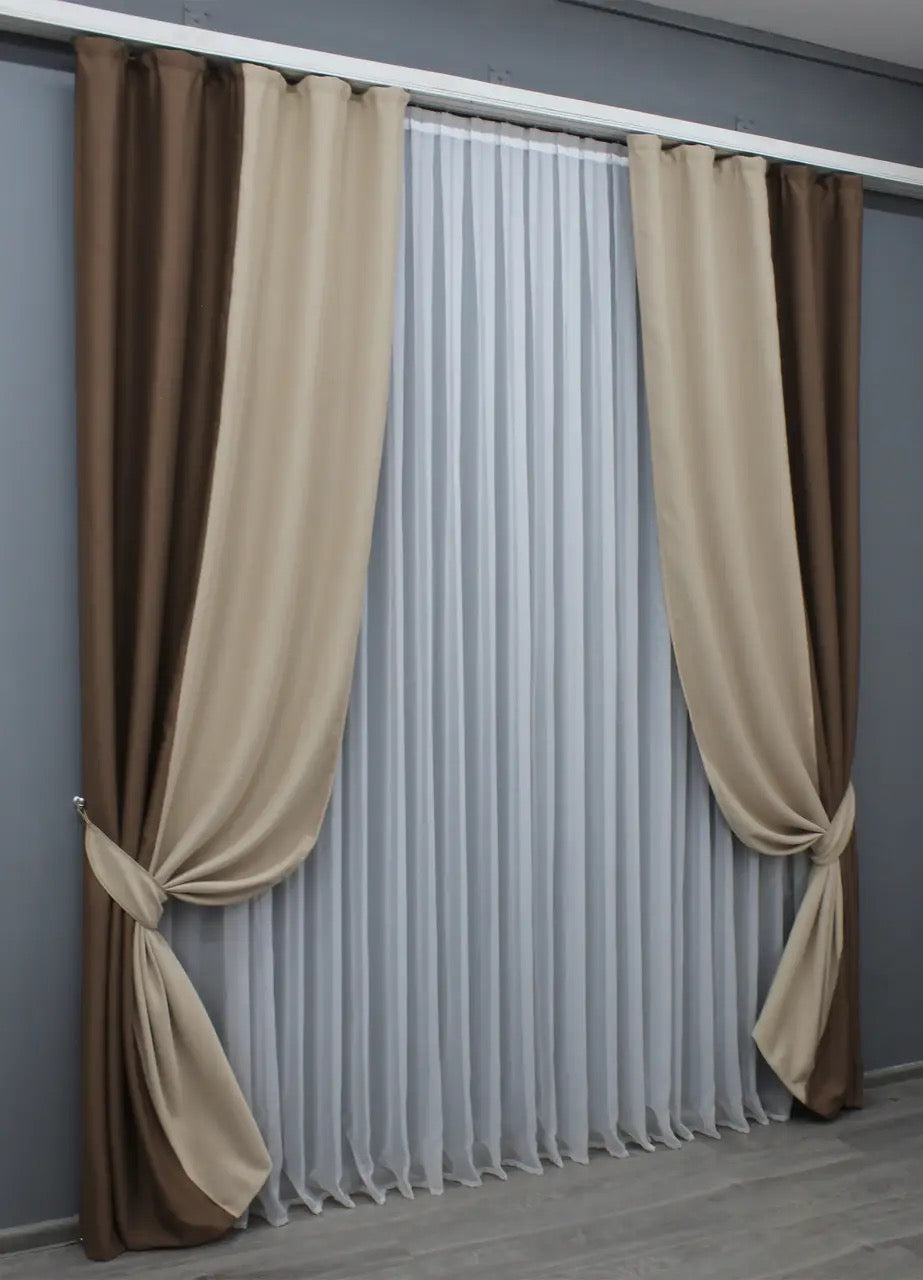 Luxurious chocolate and beige combined blackout curtains, ideal for creating a cozy, refined ambiance in living rooms and bedrooms.
