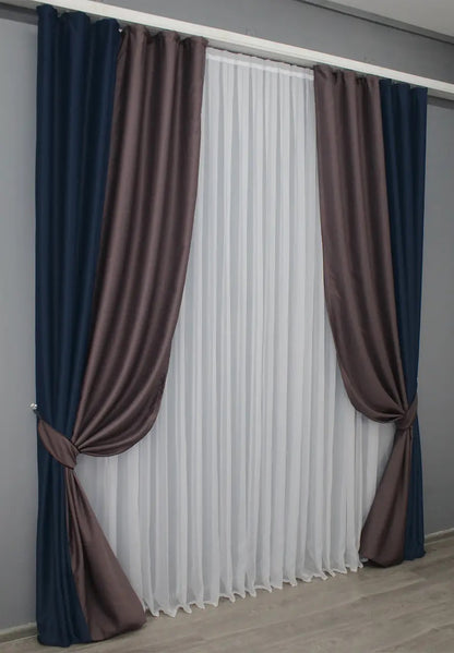 High-quality combined blackout curtains in dark blue (Navy, Midnight, Ink) and brown (Chocolate, Coffee, Walnut), enhancing any space with stylish contrast.
