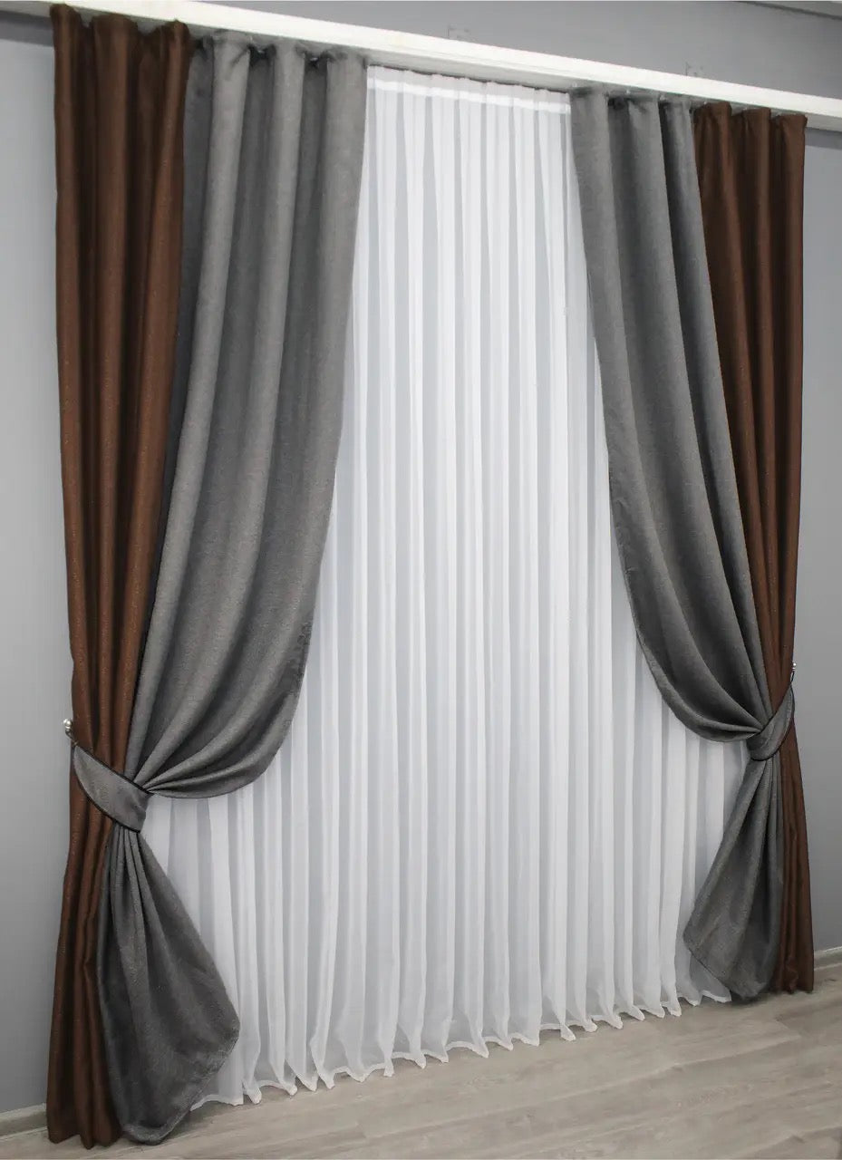 High-quality combined linen curtains in brown (Chocolate, Mocha, Coffee) and gray (Charcoal, Slate, Ash), enhancing any space with stylish contrast.
