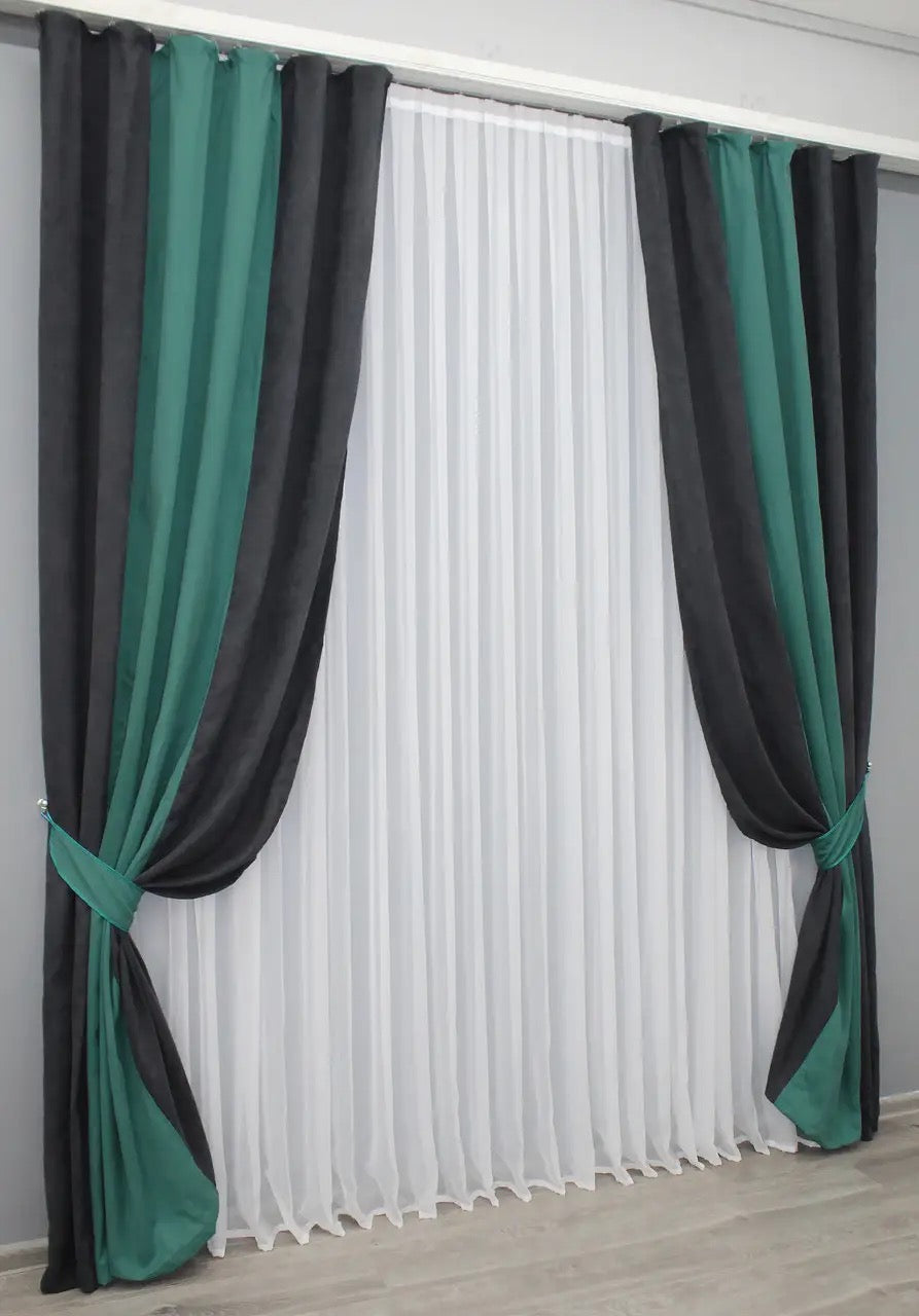 High-quality combined microvelvet curtains in anthracite and teal (emerald, turquoise), enhancing any space with stylish contrast.
