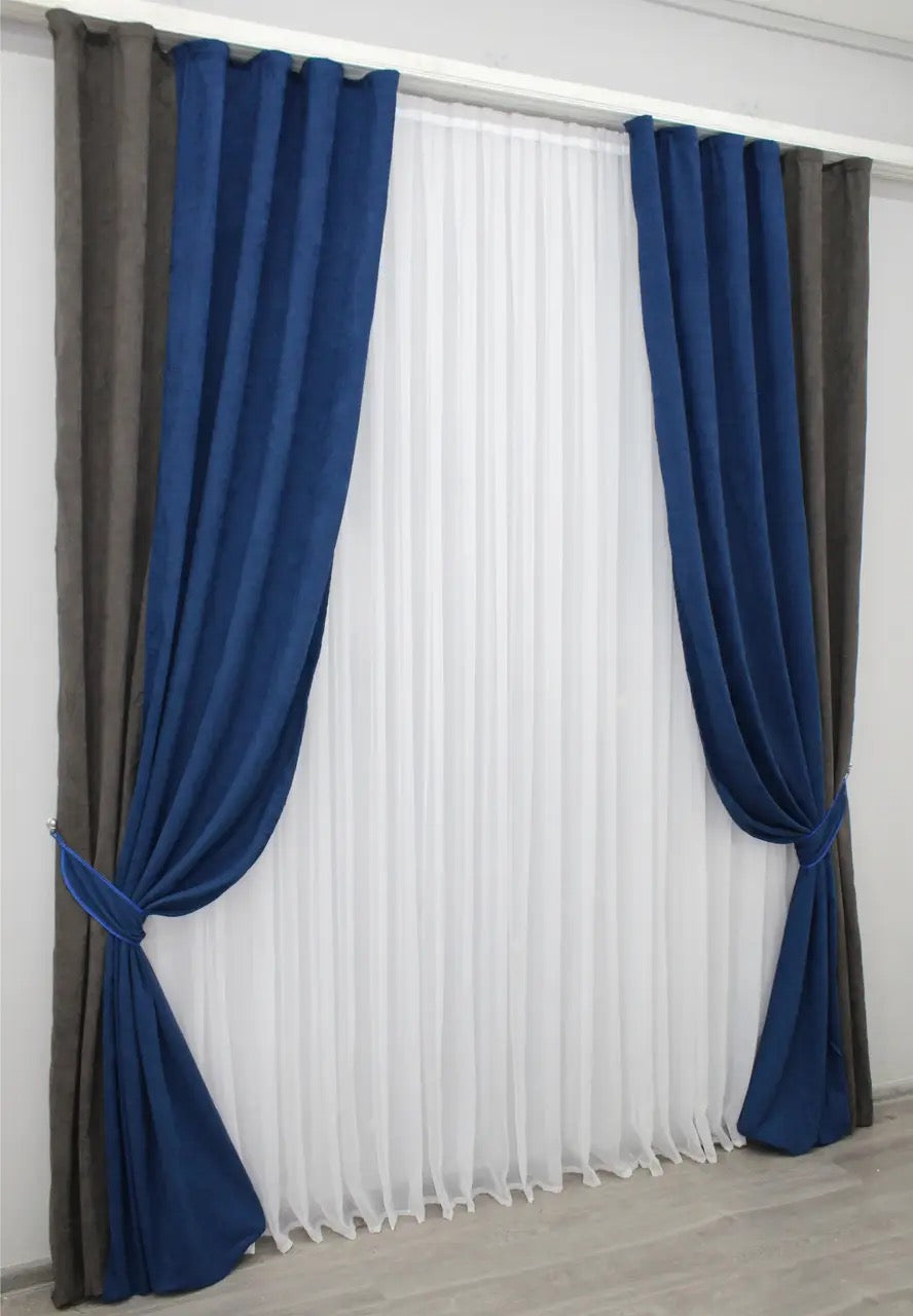 High-quality combined microvelvet curtains in dark cocoa, brown, and blue, enhancing any space with stylish contrast.
