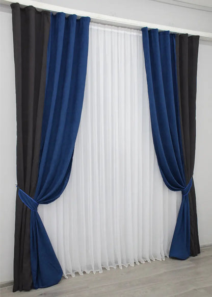 High-quality combined microvelvet curtains in graphite, blue, and charcoal, enhancing any space with stylish contrast.
