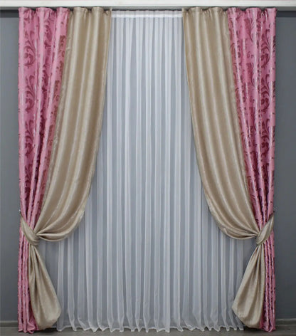 Elegant pink and beige two-tone blackout curtains made from soft fabric, ideal for creating a cozy and stylish atmosphere.
