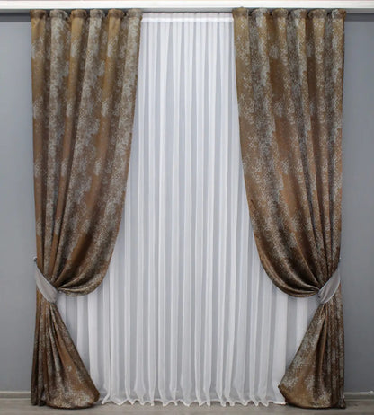 Elegant copper and grey linen drapes with a delicate marble pattern, offering a sophisticated touch to any space.
