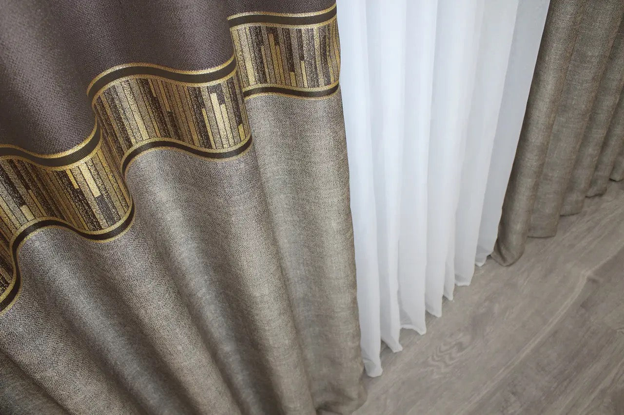 Elegant dark brown and gold linen drapes with a subtle striped pattern for a luxurious and sophisticated home.
