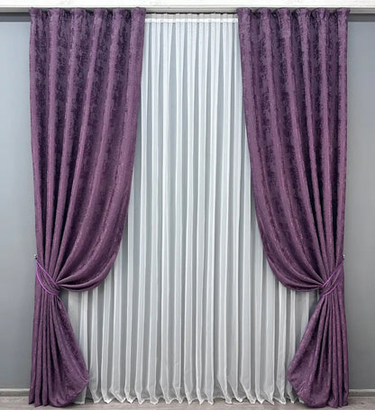 Luxury deep amethyst jacquard curtains featuring a textured design, enhancing living rooms and bedrooms with timeless elegance.
