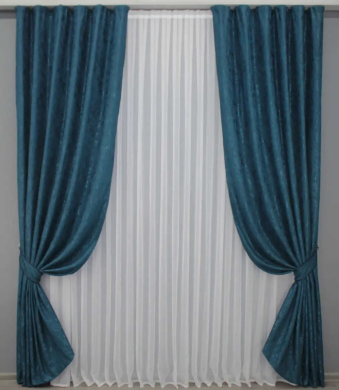 Premium deep blue linen drapes with a delicate marble pattern, designed for luxurious and stylish spaces.
