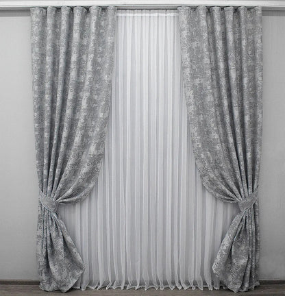 Luxury frost grey jacquard curtains with a soft metallic sheen, perfect for modern and classic interiors.
