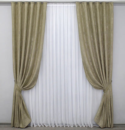 Luxury gold jacquard curtains featuring a rich woven pattern, enhancing both modern and classic interior designs.
