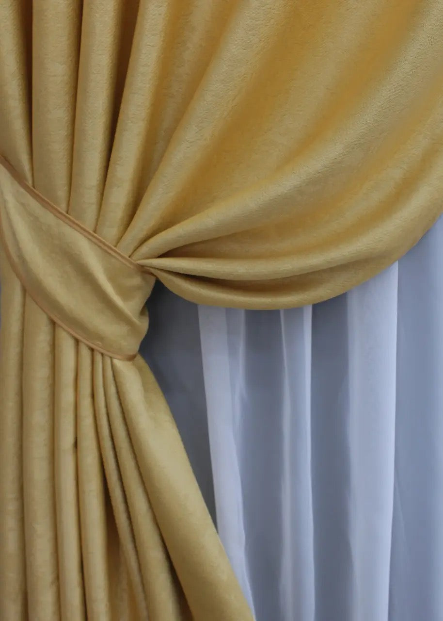 Elegant golden linen curtains with a refined, coarse-woven texture for a timeless and stylish home.
