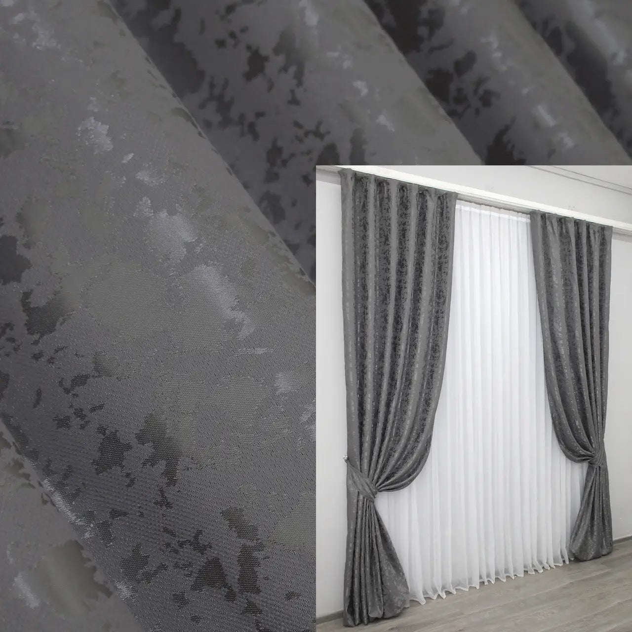 Elegant grey linen curtains with a subtle marble pattern, adding sophistication to modern interiors.
