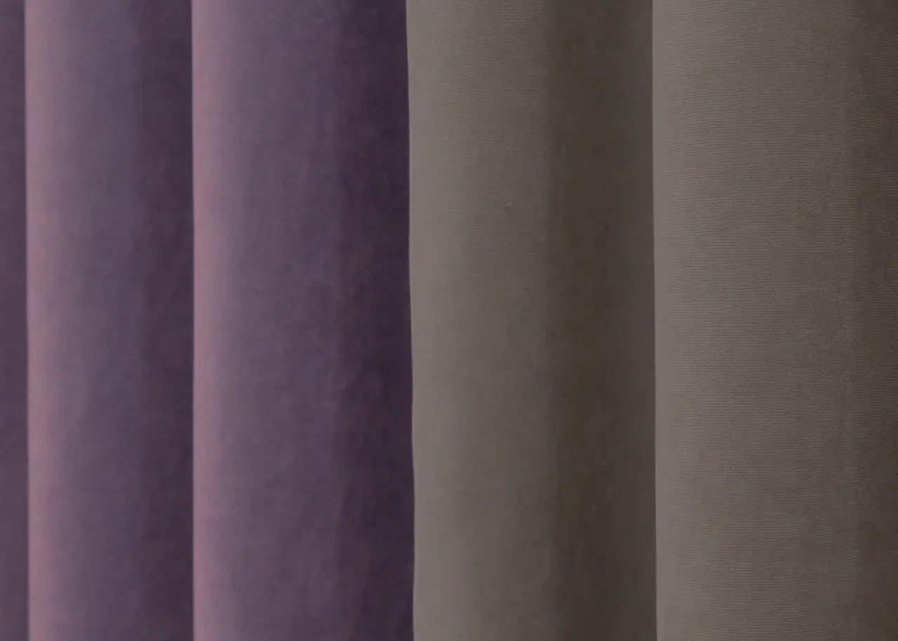 Two-tone lavender and cocoa combined microvelvet curtains, perfect for creating a refined ambiance in contemporary or classic home settings.
