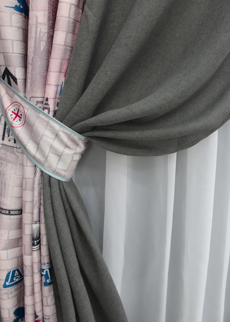 Stylish multicolor and soft pink with dark grey combined satin-linen curtains, ideal for creating a modern, chic interior.
