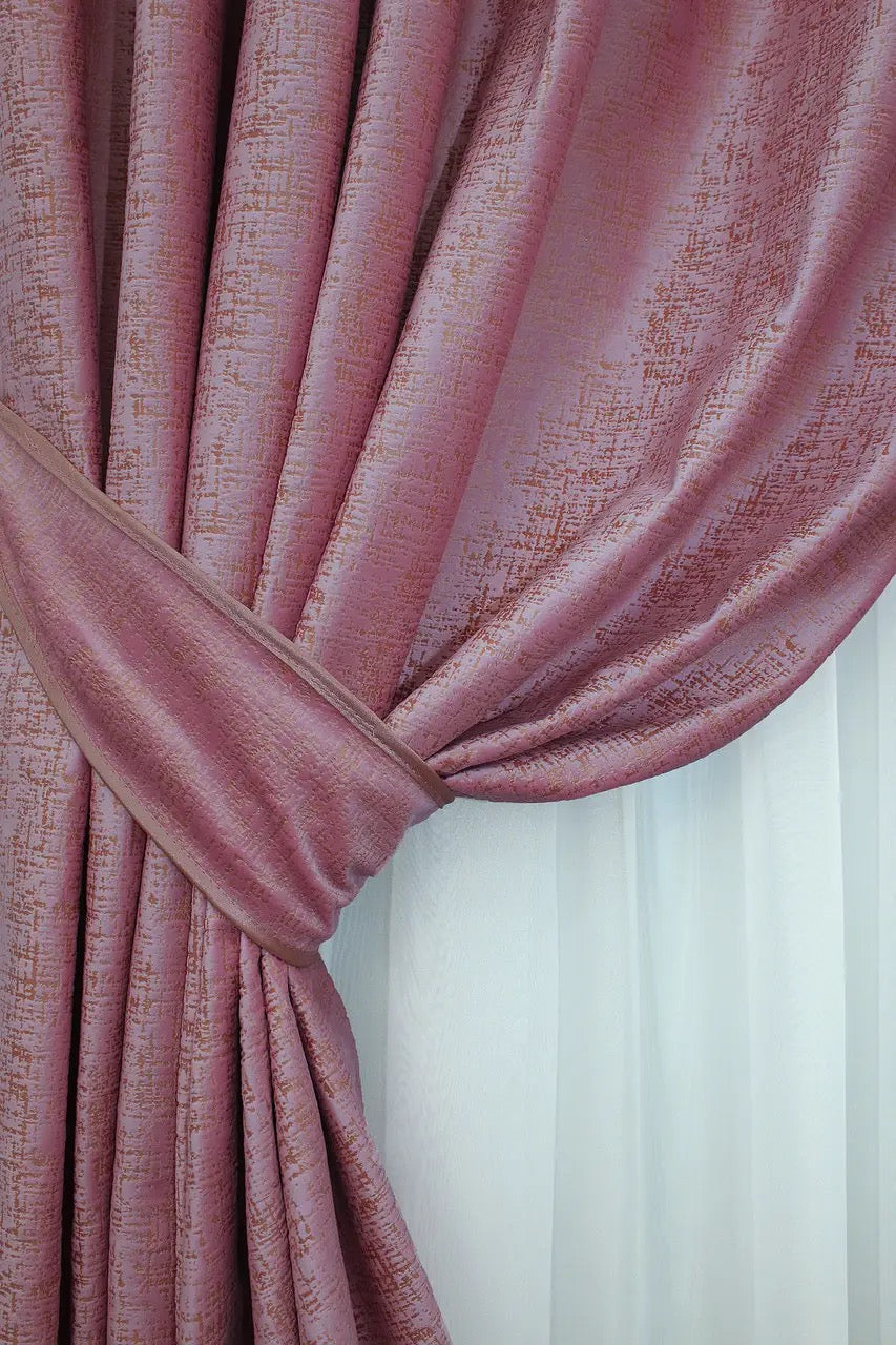 Premium pink and gold velvet curtains offering a plush feel and perfect balance of beauty and functionality for home decor.
