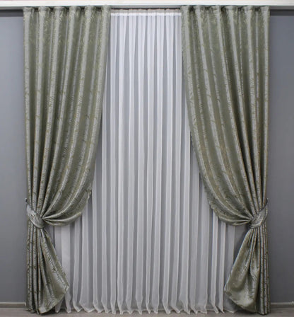 High-quality jacquard curtains in a stylish sand-grey colour combination for cosy home décor
