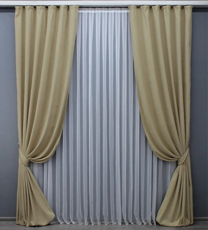 Premium warm beige velvet curtains with a plush texture, perfect for stylish bedrooms and living rooms.
