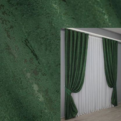 Elegant emerald green linen curtains with a subtle marble pattern, adding depth and sophistication to any space.
